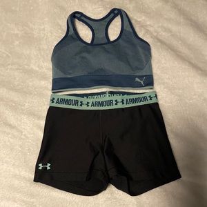 ❤️❤️ Puma Sports Bra and Under Armour Compression Workout Exercise Shorts